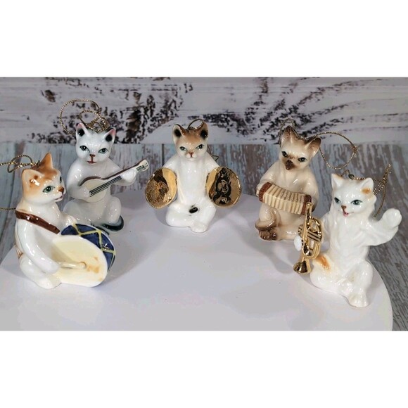 Vintage Porcelain Cat Orchestra Band 5 Miniature Figurines Ornaments Bone China - Picture 3 of 17
